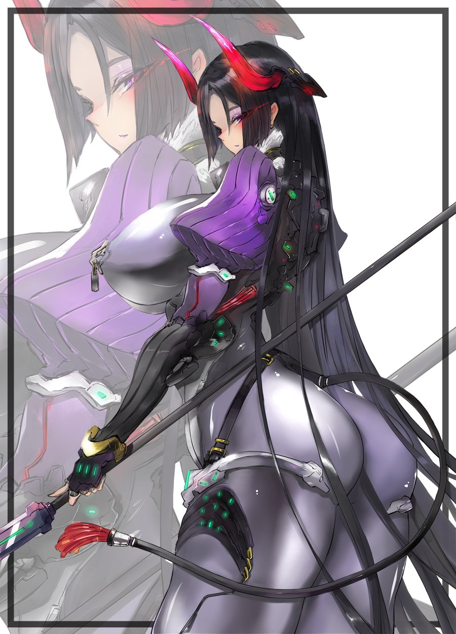 1girl arm_guards armor ass bodysuit breasts fate/grand_order fate_(series) gloves glowing glowing_eyes gond highres holding holding_polearm holding_weapon horns huge_breasts japanese_armor long_hair looking_at_viewer low-tied_long_hair minamoto_no_raikou_(fate) parted_bangs polearm purple_bodysuit purple_eyes purple_hair red_horns ribbed_sleeves rope solo spear very_long_hair weapon