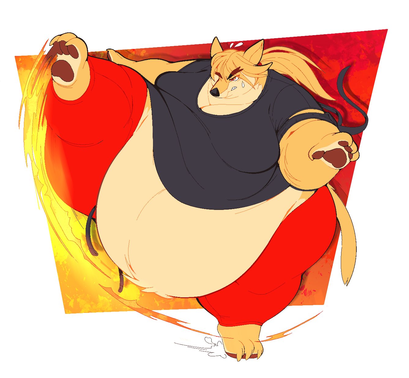 anthro belly belly_overhang big_belly boot_(artist) bottomwear canid canine canis capcom clothed clothing digital_media_(artwork) fur hair hi_res ken_masters kick male mammal moobs obese obese_anthro overweight overweight_anthro overweight_male pants paws ponytail simple_background solo street_fighter thick_thighs topwear wide_hips wolf