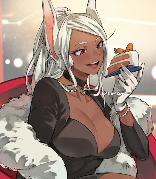 1girl :d animal_ears artist_name black_choker black_dress boku_no_hero_academia bracelet breasts cake carrot_cake choker cleavage collarbone commentary crescent_choker cross cross_earrings dark-skinned_female dark_skin dress earrings feather_boa food gloves holding holding_cake holding_food jewelry kadeart large_breasts long_eyelashes long_hair looking_at_food mirko parted_bangs pearl_bracelet ponytail rabbit_ears rabbit_girl red_eyes smile solo symbol-only_commentary teeth upper_body upper_teeth_only white_gloves white_hair