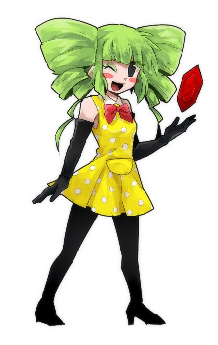 1girl black_gloves blush chiimako commentary dress drill_hair full_body gem gloves green_hair humanization mario_(series) mimi_(paper_mario) one_eye_closed open_mouth paper_mario personification polka_dot polka_dot_dress red_eyes red_gemstone sidelocks smile solo super_paper_mario twin_drills twintails yellow_dress