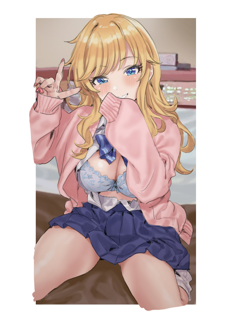 1girl blonde_hair blue_bra blue_eyes blue_skirt blush bow bow_bra bra breasts cardigan cleavage covering_own_mouth grin gyaru hamedoragon idolmaster idolmaster_cinderella_girls large_breasts long_hair looking_at_viewer loose_socks nail_polish ohtsuki_yui open_cardigan open_clothes open_mouth open_shirt pink_cardigan pleated_skirt sitting skirt sleeves_past_fingers sleeves_past_wrists smile socks solo teeth underwear v wariza wavy_hair white_socks