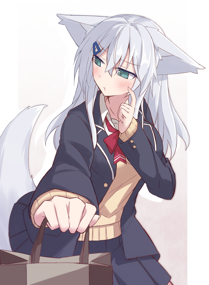 1girl animal_ear_fluff animal_ears bag black_jacket black_skirt blazer blush bow brown_sweater collared_shirt fox_ears fox_girl fox_tail gradient_background green_eyes grey_background grey_hair hair_between_eyes hair_ornament hairclip hand_up holding holding_bag jacket long_hair long_sleeves looking_to_the_side open_clothes open_jacket original paper_bag pleated_skirt red_bow school_uniform scratching_cheek shirogane_kasane shirt skirt sleeves_past_wrists solo surume_aburi sweater tail white_background white_shirt
