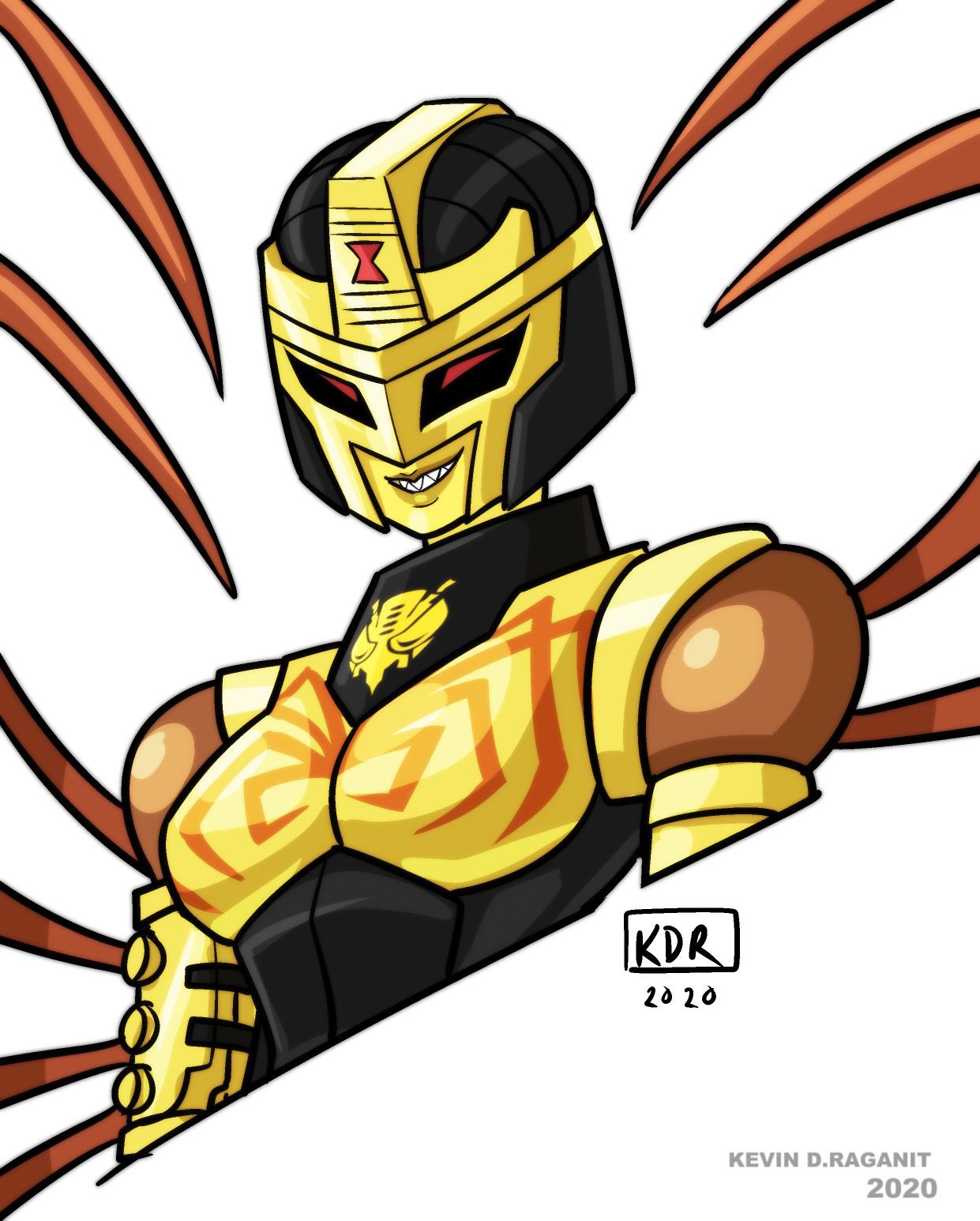 1girl 2020 arthropod_limbs beast_wars blackarachnia breasts helmet highres humanoid_robot kevin_raganit medium_breasts predacon red_eyes robot robot_girl sharp_teeth solo teeth transformers upper_body yellow_lips