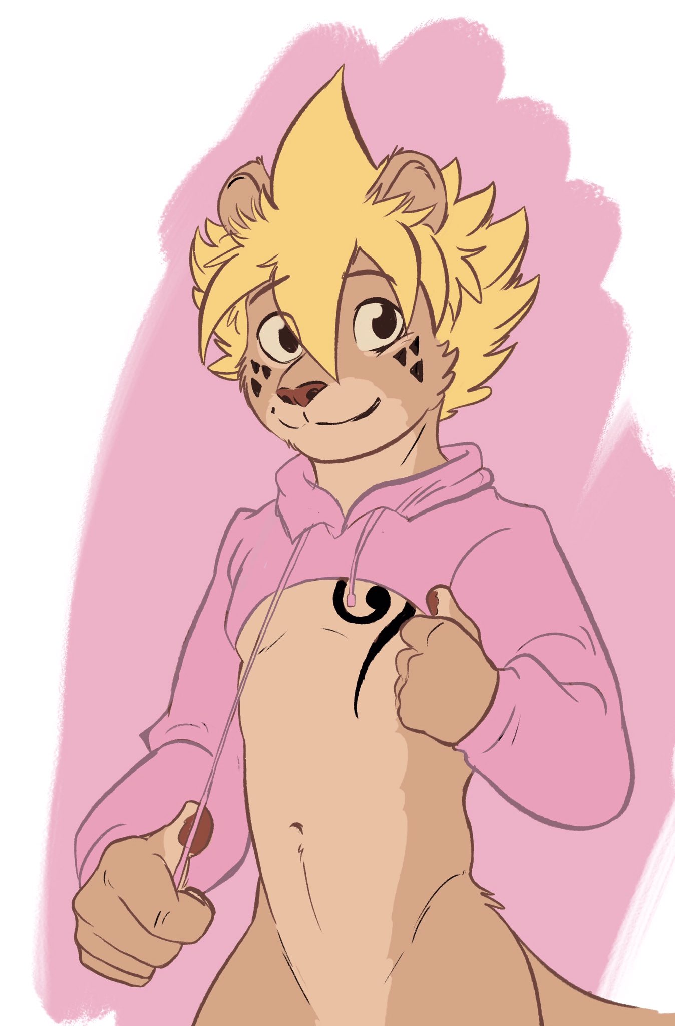 2018 blonde_hair bottomless clothed clothing digital_media_(artwork) drawyourfursona facial_markings feline frankothelion fur hair hoodie lion male mammal markings meme pink_sweater solo twitter_hoodie