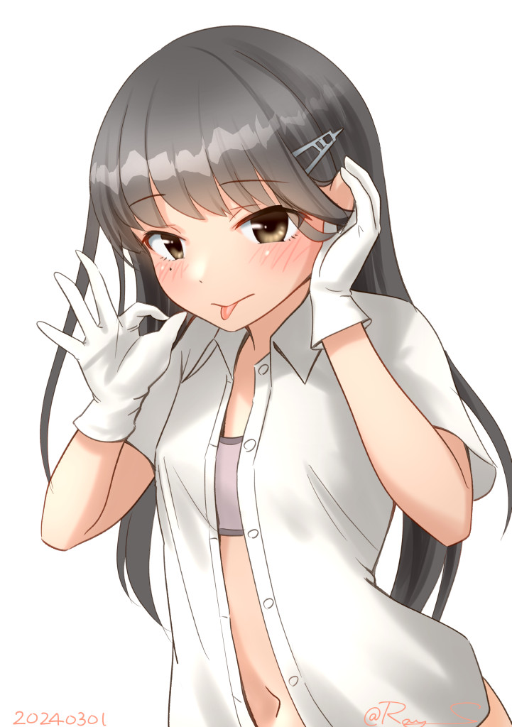 1girl bra brown_eyes brown_hair collared_shirt dress_shirt gloves grey_bra hair_ornament hairclip hand_on_own_ear hayashio_(kancolle) kantai_collection long_hair mole mole_under_eye navel ok_sign one-hour_drawing_challenge ray.s shirt simple_background solo tongue tongue_out training_bra underwear upper_body white_background white_gloves white_shirt