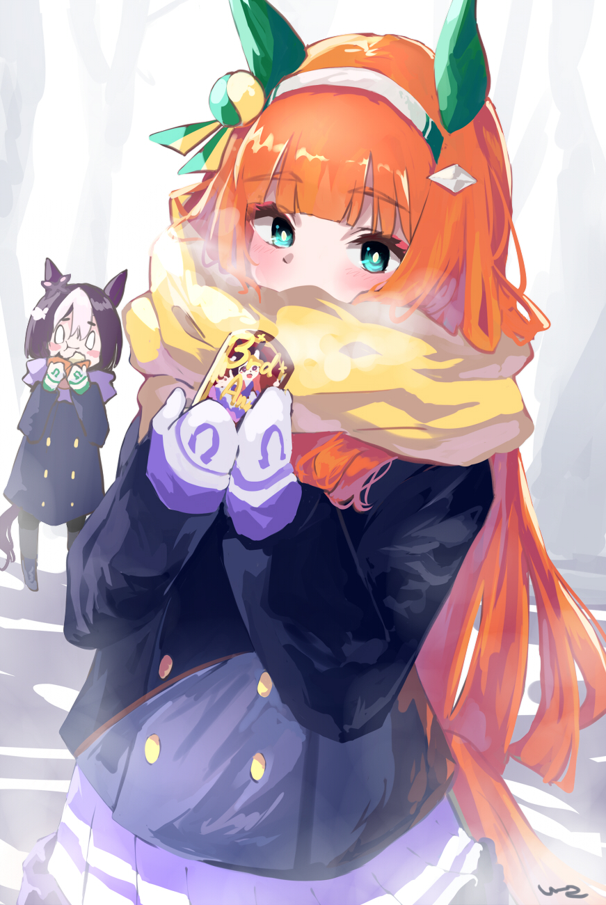 2girls animal_ears anniversary baozi black_pantyhose blank_eyes blue_coat blue_eyes blue_footwear blue_jacket blunt_bangs blunt_ends blush brown_hair can closed_mouth coat covered_mouth e-co ear_covers eating enpera food hair_ornament hairband highres holding holding_can horse_ears horse_girl horse_tail jacket long_hair long_sleeves mittens multicolored_hair multiple_girls orange_hair pantyhose pleated_skirt purple_scarf purple_skirt scarf scarf_over_mouth school_uniform shoes silence_suzuka_(umamusume) skirt smile special_week_(umamusume) streaked_hair tail tracen_school_uniform umamusume upper_body white_hair white_hairband white_mittens yellow_scarf