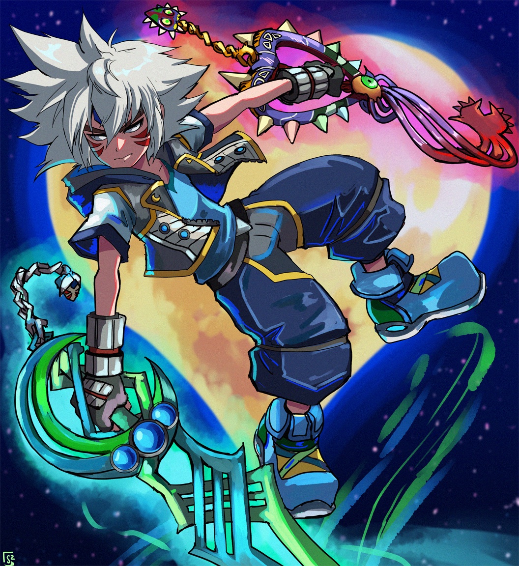 alternate_color alternate_costume alternate_eye_color alternate_hair_color alternate_weapon armor aura blue_gemstone blue_shirt character_charm charm_(object) corruption crescent crossover dark_persona dual_wielding facial_tattoo fierce_deity fingerless_gloves floating frown gem gloves glowing glowing_weapon heart heart-shaped_charm heart-shaped_moon holding holding_weapon hood hooded_jacket jacket keyblade kingdom_hearts majora_(entity) moon nintendo no_pupils open_clothes open_jacket possessed shirt short-sleeved_jacket short_hair short_sleeves sora_(kingdom_hearts) spiked_hair stoic_seraphim super_smash_bros. tattoo the_legend_of_zelda the_legend_of_zelda:_majora's_mask triangle weapon white_eyes white_hair wrist_guards