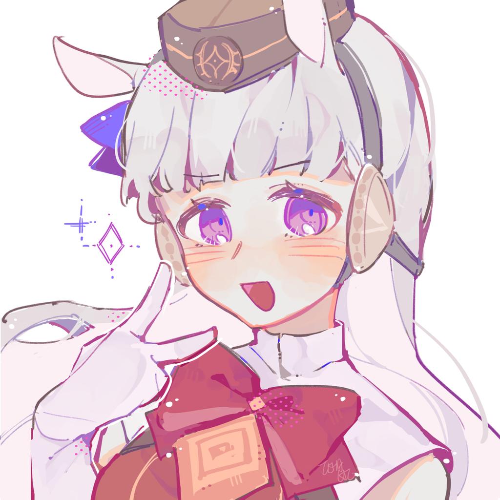 1girl animal_ears blunt_bangs bow bowtie collared_dress dress ear_bow ear_ribbon elbow_gloves eyebrows_hidden_by_hair gloves gold_ship_(umamusume) grey_hair hat horse_ears horse_girl long_hair looking_at_viewer open_mouth pillbox_hat purple_bow purple_eyes red_bow red_bowtie red_dress solo tishacat umamusume v white_background white_gloves