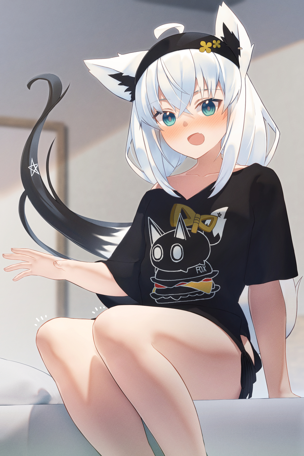 1girl ahoge animal_ear_fluff animal_ears animal_print aqua_eyes black_hairband black_shirt blush collarbone commentary_request earrings food_print fox_ears fox_girl fox_tail hair_between_eyes hairband hand_up highres hololive hoop_earrings indoors jewelry lap_pillow_invitation long_hair low_twintails nejima_kitsune_(shirakami_fubuki) no_pants notice_lines off_shoulder official_alternate_costume on_bed pentagram pillow shirai_yu shirakami_fubuki shirakami_fubuki_(loungewear) shirt side-tie_shirt sidelocks single_bare_shoulder single_earring sitting solo t-shirt tail thighs twintails virtual_youtuber white_hair