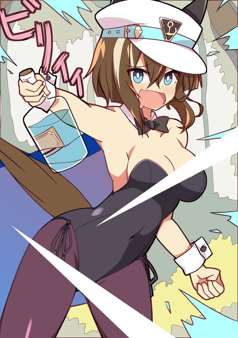 1girl alternate_costume arm_up armpits black_leotard black_pantyhose blue_cape blue_eyes bottle breasts brown_hair cape cheval_grand_(umamusume) clenched_hand commentary_request cork cowboy_shot crying detached_sleeves ear_covers grass hair_between_eyes hat highres holding holding_bottle leotard long_sleeves looking_at_viewer medium_breasts multicolored_hair nontraditional_playboy_bunny open_mouth outdoors pantyhose peaked_cap solo strapless strapless_leotard streaked_hair streaming_tears tears thighhighs tree umamusume wahiko_(black_bastard) white_hair white_hat