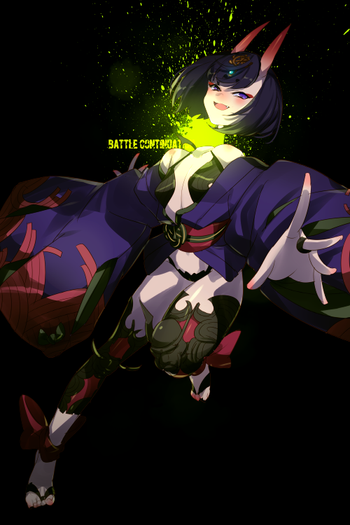 1girl ankle_ribbon bare_shoulders blush breasts collarbone decapitation echo_(circa) english_text eyeliner fate/grand_order fate_(series) full_body headpiece horns japanese_clothes kimono leg_ribbon long_sleeves looking_at_viewer makeup obi off_shoulder oni open_mouth outstretched_arm purple_eyes purple_hair purple_kimono revealing_clothes ribbon sash short_hair short_kimono shuten_douji_(fate) skin-covered_horns small_breasts smile wide_sleeves