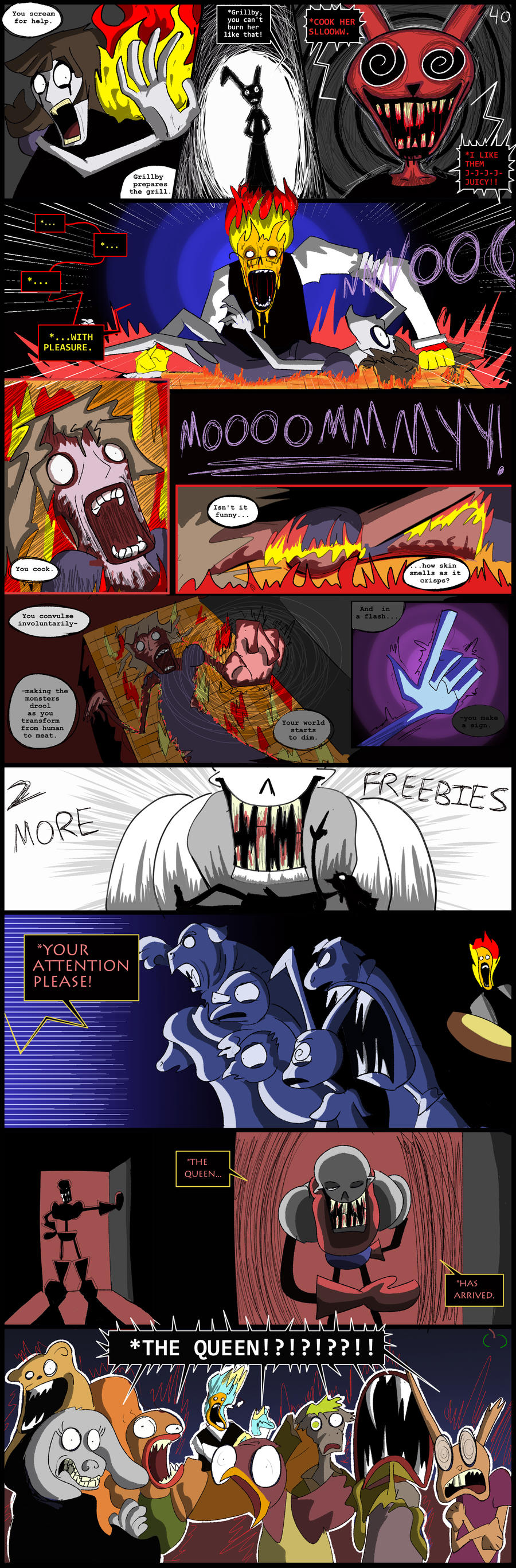 ?! absurd_res aliza_(horrortale) alternate_universe animated_skeleton anthro being_grilled_alive bone boss_monster_(undertale) brown_hair comic dialogue elemental_creature elemental_humanoid english_text exclamation_point eyewear female female_human fire fire_creature fire_humanoid glasses grillby grillby_(horrortale) hair hi_res horrortale human humanoid male mammal open_mouth papyrus_(horrortale) papyrus_(undertale) question_mark skeleton sour-apple-studios text undead undertale undertale_(series)