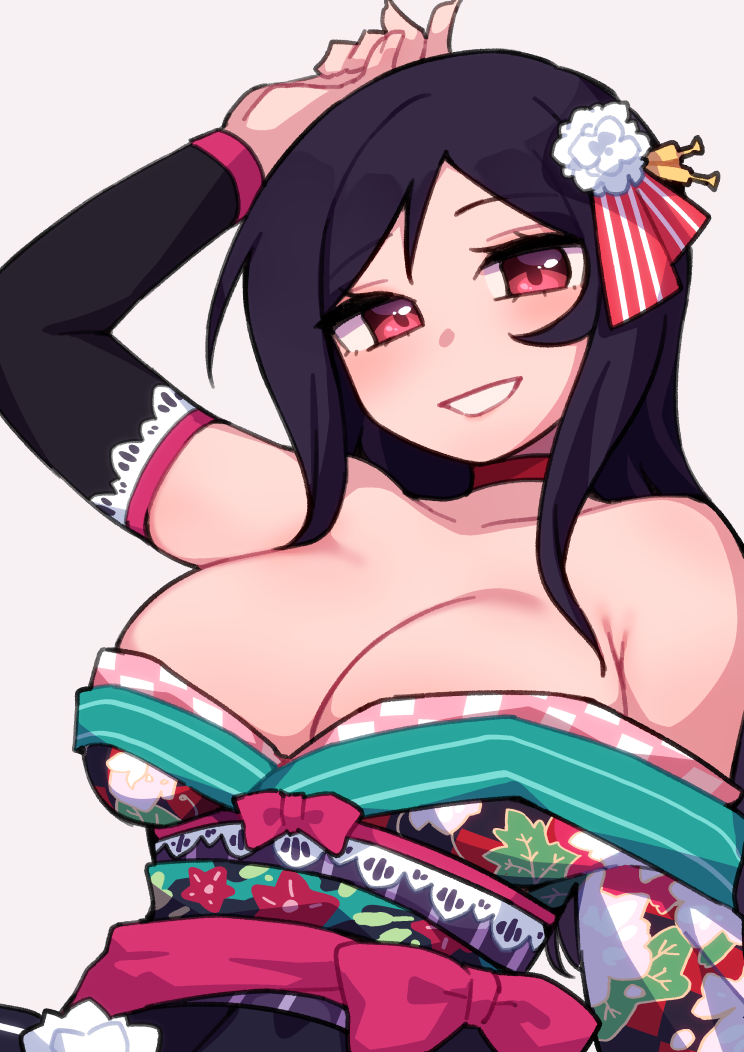 1girl arm_up bare_shoulders black_hair black_kimono blush breasts cleavage collarbone detached_sleeves dot_nose floral_print_kimono grey_background hair_ornament hand_on_own_head idolmaster idolmaster_million_live! idolmaster_million_live!_theater_days japanese_clothes kimono kwaejina large_breasts long_hair looking_at_viewer momose_rio official_alternate_costume official_alternate_hairstyle open_clothes open_kimono open_mouth parted_bangs red_eyes red_ribbon ribbon sidelocks simple_background smile solo upper_body