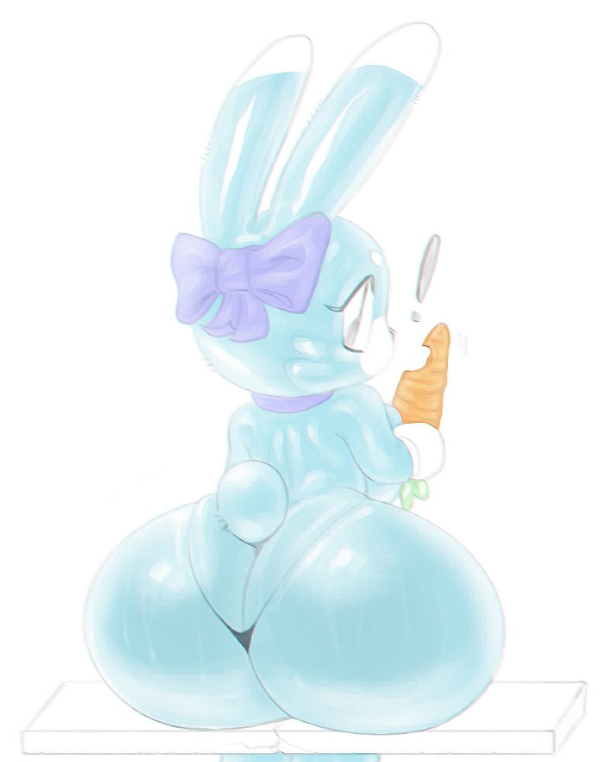 big_butt blue_body bow_(feature) bubble_butt butt carrot clothing eating eating_food exclamation_point female food gloves handwear lagomorph leporid looking_at_viewer looking_back mammal plant rabbit sitting small_clothing solo starreuges tail thong underwear vegetable