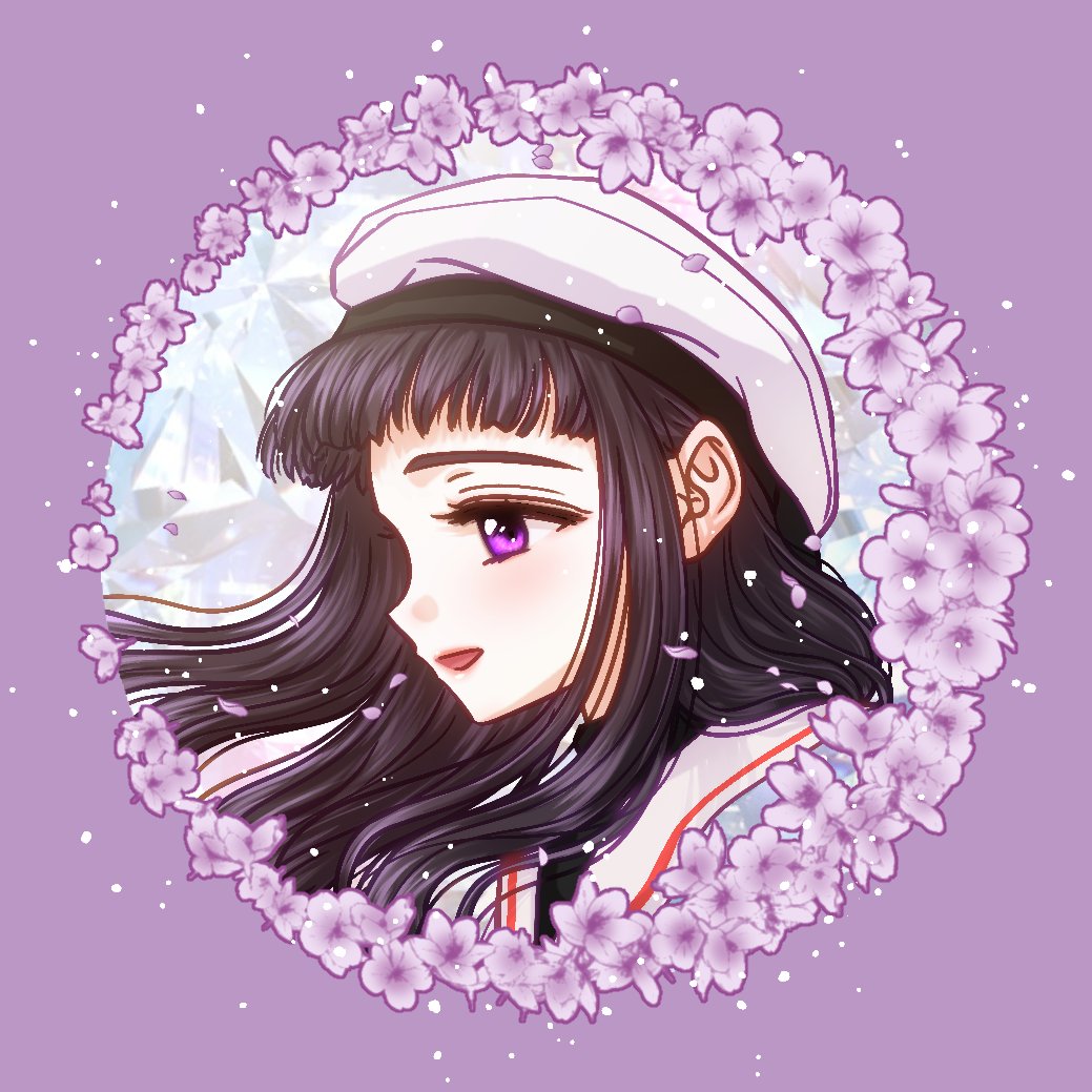 1girl beret black_hair cardcaptor_sakura close-up daidouji_tomoyo flower flower_wreath hat heeragijawa long_hair open_mouth profile purple_background purple_eyes purple_flower sailor_collar smile solo white_hat white_sailor_collar