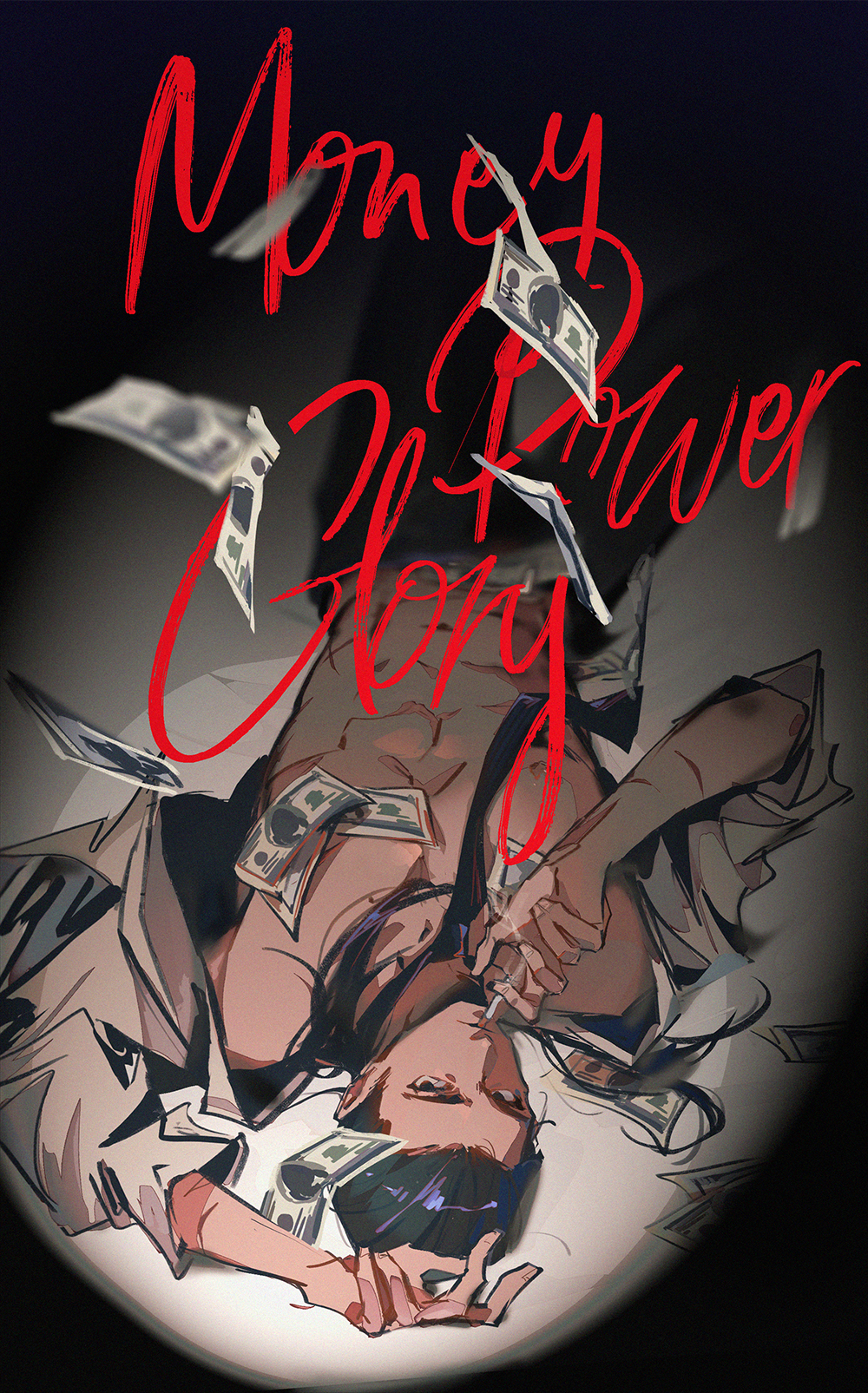 1boy abs banknote black_eyes black_hair black_necktie black_pants cigarette closed_mouth commentary english_commentary english_text falling_money feet_out_of_frame gin_to_kin hair_slicked_back highres long_hair looking_at_viewer lying male_focus money morita_tetsuo necktie on_back open_clothes open_shirt pants shirt smoking solo toned toned_male upside-down white_shirt yi_guo_xigua_tong