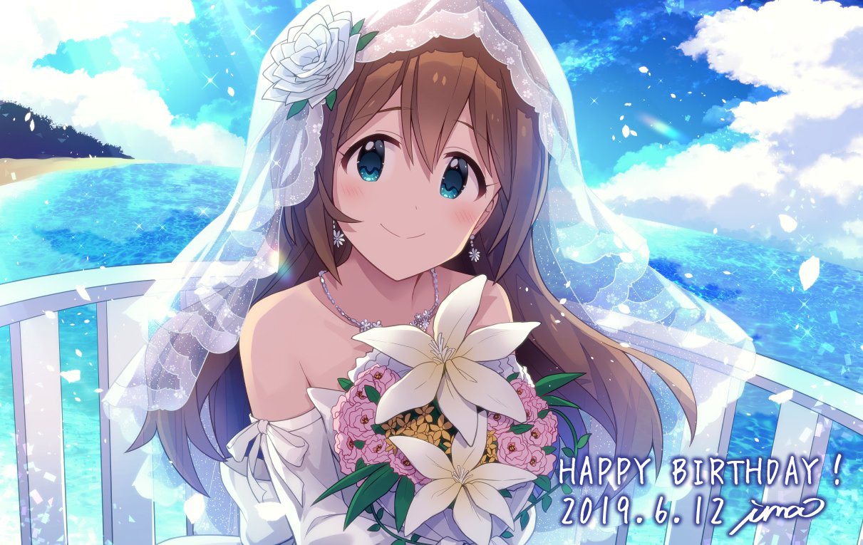 aqua_eyes artist_name baba_konomi bare_shoulders beach blue_sky blush bouquet bridal_gauntlets bridal_veil brown_hair cloud cloudy_sky collarbone dated dot_nose dress earrings falling_petals flower flower_earrings flower_necklace furrowed_brow hair_between_eyes hair_flower hair_ornament handrail happy_birthday holding holding_bouquet idolmaster idolmaster_million_live! idolmaster_million_live!_theater_days ima_(lm_ew) jewelry light_smile lily_(flower) long_hair looking_at_viewer ocean official_alternate_hairstyle petals pink_flower pink_rose rose sidelocks sky sparkle upper_body veil waves wedding_dress white_dress