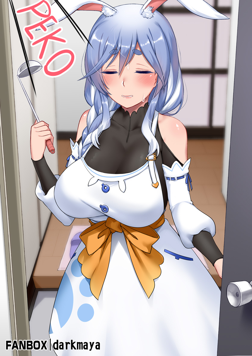 1girl animal_ear_fluff animal_ears artist_name blue_hair blush braid breasts cleavage closed_eyes covered_collarbone darkmaya door doorknob holding holding_ladle hololive indoors ladle large_breasts long_hair looking_at_viewer mature_female multicolored_hair pekomama rabbit_ears rabbit_girl solo standing sweat virtual_youtuber watermark white_hair