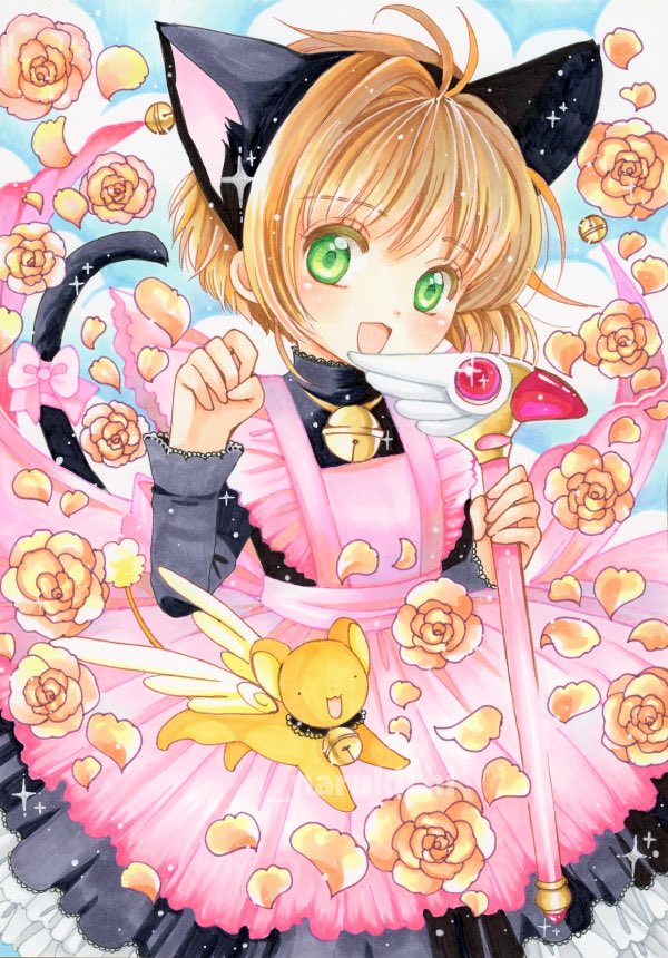 1girl animal_ears apron bell black_dress blush brown_hair cardcaptor_sakura cat_ears cat_tail claw_pose dress flower green_eyes holding holding_wand jingle_bell kero_(cardcaptor_sakura) kinomoto_sakura looking_at_viewer naruki neck_bell open_mouth petals pink_apron rose short_hair smile solo tail wand