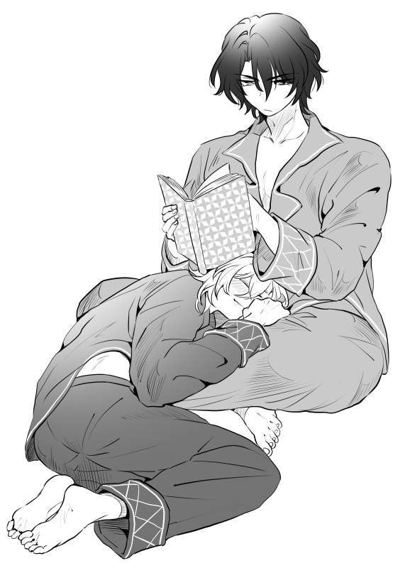 2boys aventurine_(honkai:_star_rail) barefoot book closed_eyes closed_mouth dr._ratio_(honkai:_star_rail) gon_omaedattano greyscale hair_between_eyes holding holding_book honkai:_star_rail honkai_(series) long_sleeves male_focus monochrome multiple_boys official_alternate_costume open_book pajamas short_hair simple_background yaoi