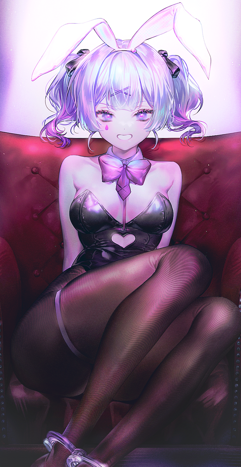 1girl animal_ears arms_behind_back bare_shoulders black_leotard blue_eyes blue_hair bow bowtie breasts clothing_cutout couch cuffs cutout_above_navel detached_collar eungsam fake_animal_ears feet_out_of_frame fishnet_pantyhose fishnets hair_ornament hairband handcuffs hatsune_miku heart heart-shaped_pupils heart_cutout heart_hair_ornament highres large_breasts leotard looking_at_viewer multicolored_hair necktie on_couch pantyhose pink_background pink_bow pink_bowtie pink_hair pink_necktie pink_pupils pink_theme playboy_bunny rabbit_ears rabbit_hole_(vocaloid) sitting solo strapless strapless_leotard streaked_hair symbol-shaped_pupils teardrop_facial_mark vocaloid white_background white_hairband x_hair_ornament