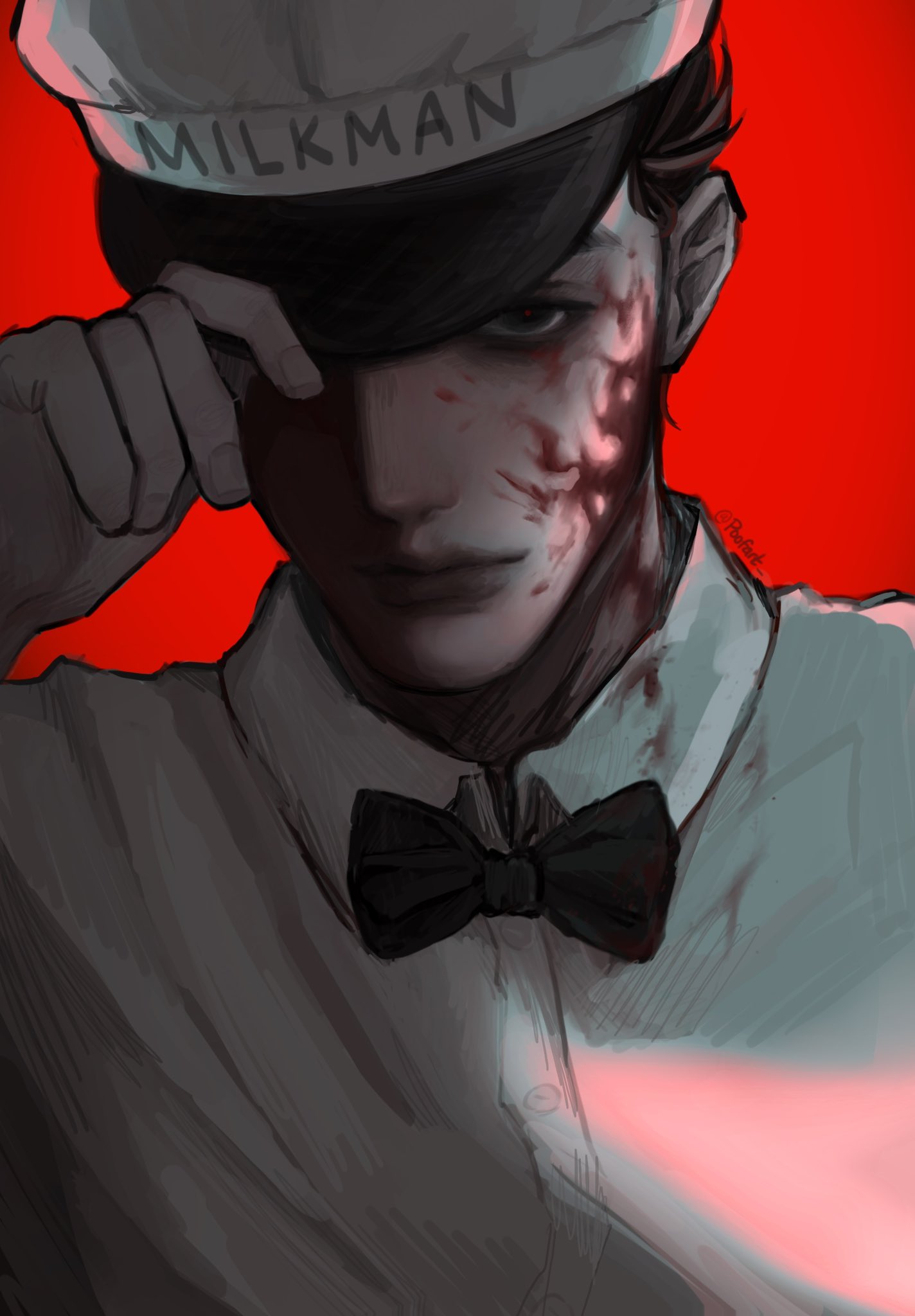 1boy adjusting_clothes adjusting_headwear arm_up black_bow black_bowtie black_eyes black_hair blood blood_on_clothes blood_on_face bow bowtie closed_mouth collared_shirt empty_eyes english_commentary francis_mosses grey_hat grey_shirt hat highres light_smile looking_at_viewer male_focus milkman one_eye_covered poofart red_background red_pupils shirt short_hair solo that's_not_my_neighbor uniform upper_body very_short_hair