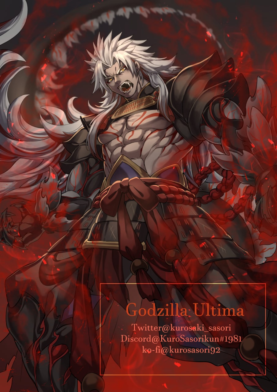 1boy arm_tattoo armor aura chest_tattoo clawed_gauntlets elbow_spikes godzilla godzilla_(series) godzilla_singular_point godzilla_ultima highres kurosaki_sasori long_hair long_tail muscular muscular_male open_mouth personification red_aura sharp_teeth solo tail tattoo teeth very_long_tail white_hair yellow_eyes