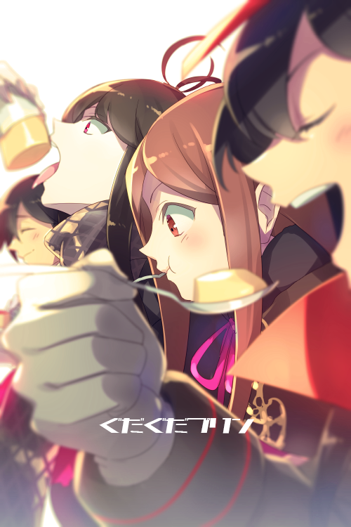 1boy 3girls black_hair black_hat black_jacket black_scarf black_shirt brown_eyes brown_hair cape chacha_(fate) closed_eyes eating echo_(circa) fate/grand_order fate_(series) food gloves hat jacket koha-ace long_hair long_sleeves multiple_girls oda_nobunaga_(fate) open_mouth oryou_(fate) parted_bangs peaked_cap popped_collar pudding red_cape red_eyes sakamoto_ryouma_(fate) scarf shirt smile spoon tongue tongue_out translation_request very_long_hair white_gloves