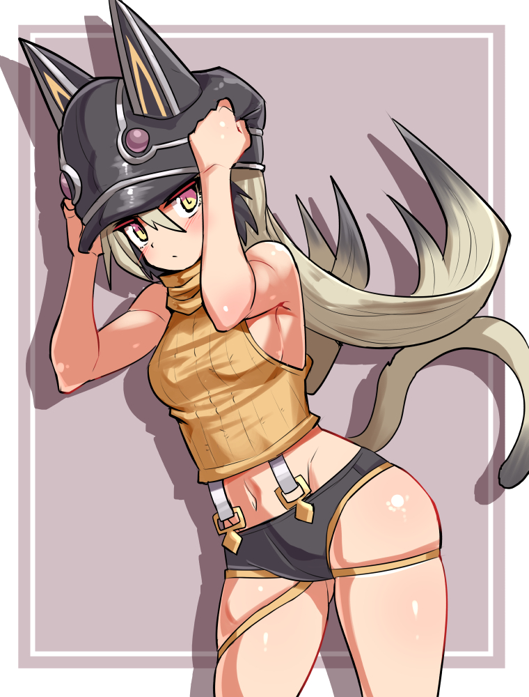 1girl adjusting_clothes adjusting_headwear animal_ears animal_hat black_hair black_hat black_shorts breasts brown_shirt cat_ears cat_girl cat_hat cat_tail closed_mouth commentary cougar_(cougar1404) cowboy_shot cropped_shirt gradient_hair grey_background grey_hair hat leaning_forward light_frown long_hair looking_at_viewer medium_breasts micro_shorts multicolored_hair navel original ribbed_shirt shadow shirt shorts sleeveless sleeveless_shirt solo standing suspenders tail thigh_strap turtleneck yellow_eyes