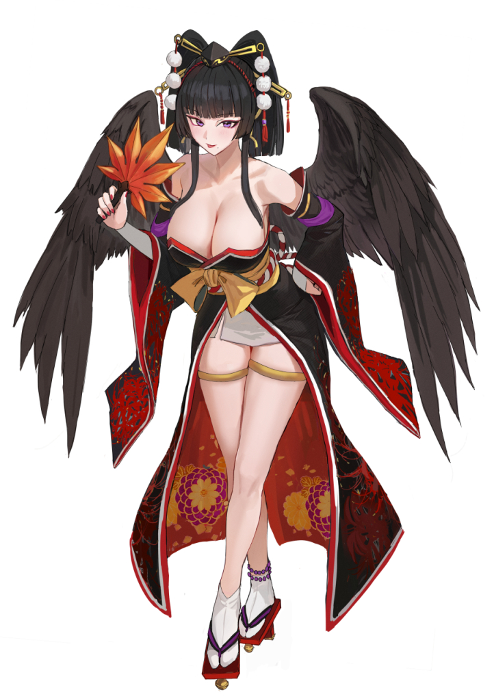 1girl bare_shoulders black_hat black_wings blunt_bangs dead_or_alive dead_or_alive_6 detached_sleeves feathered_wings floral_print_kimono full_body geta hat japanese_clothes kimono looking_at_viewer mole mole_under_mouth nyotengu purple_eyes purple_z red_nails simple_background smile socks solo tabi tokin_hat white_background white_socks wide_sleeves wings