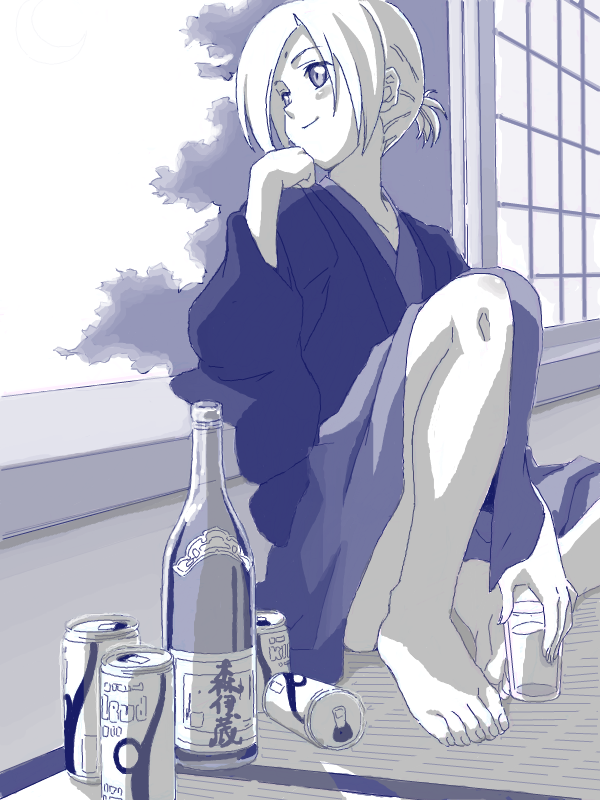 1girl alcohol bad_drawr_id bad_id bare_legs barefoot beer_can blue_kimono blue_theme bottle can character_request copyright_request cup drink_can feet head_rest japanese_clothes kimono monochrome oekaki purple_theme segawa_haruna short_hair shouji sitting sliding_doors smile solo tatami toes