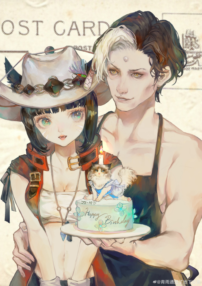 1boy 1girl animal_ears apron arm_around_waist bare_shoulders birthday birthday_cake black_apron black_hair black_ribbon black_shorts blue_eyes blunt_bangs bra breasts cake candle cat chinese_commentary cleavage collarbone collared_jacket commentary_request cowboy_hat cowboy_shot ears_through_headwear emet-selch eyelashes fangs final_fantasy final_fantasy_xiv fingernails fire food forehead_jewel hand_on_another's_hip happy_birthday hat high_collar holding holding_plate jacket lips lipstick makeup medium_breasts medium_hair multicolored_hair navel open_clothes open_jacket parted_lips pectoral_cleavage pectorals pink_lips plate qingyu_tongguo_le_dixia_jiao_yi red_jacket ribbon short_hair shorts sleeveless sleeveless_jacket smile stomach streaked_hair teeth toned toned_male underwear warrior_of_light_(ff14) watermark weibo_logo weibo_username white_background white_bra white_gemstone white_hair white_hat yellow_eyes