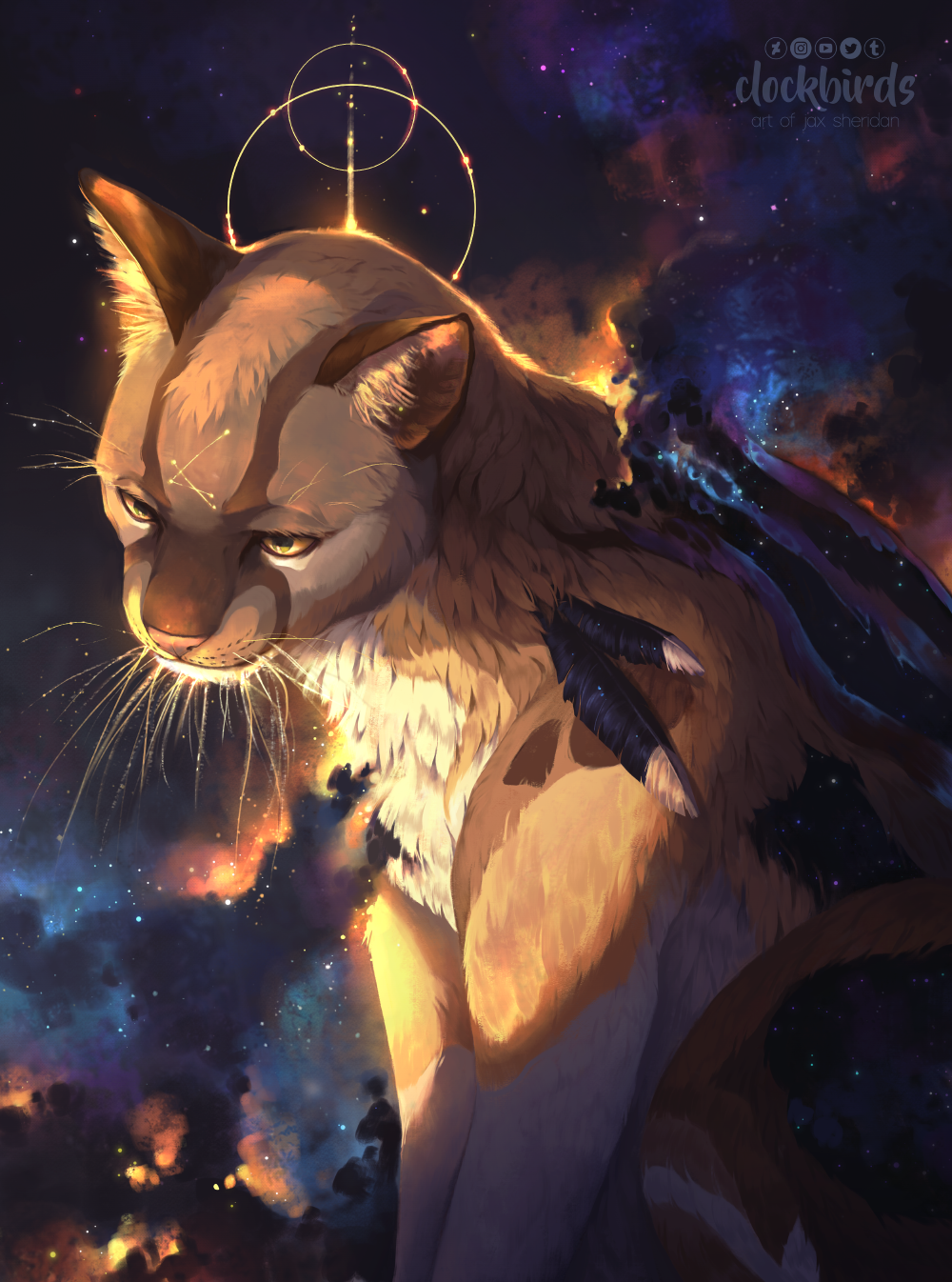 animal_ear_fluff animal_ears animal_focus artist_name cat cat_ears clockbirds commentary commission english_commentary galaxy highres no_humans original photoshop_(medium) sitting solo space star_(sky) watermark whiskers yellow_eyes