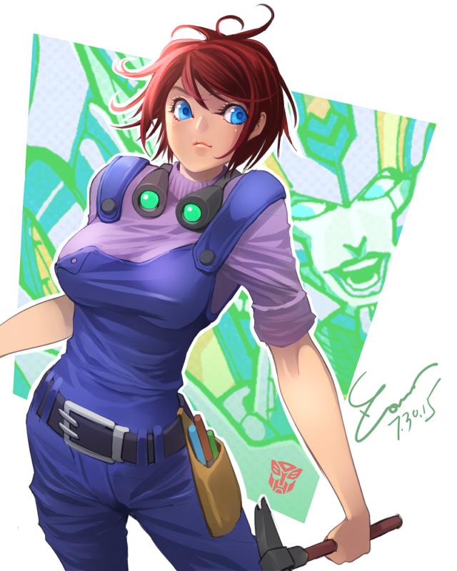 1girl autobot belt blue_eyes blue_overalls breasts hammer large_breasts nautica_(transformers) overalls purple_sweater red_hair short_hair solo sweater the_transformers_(idw) transformers zoner