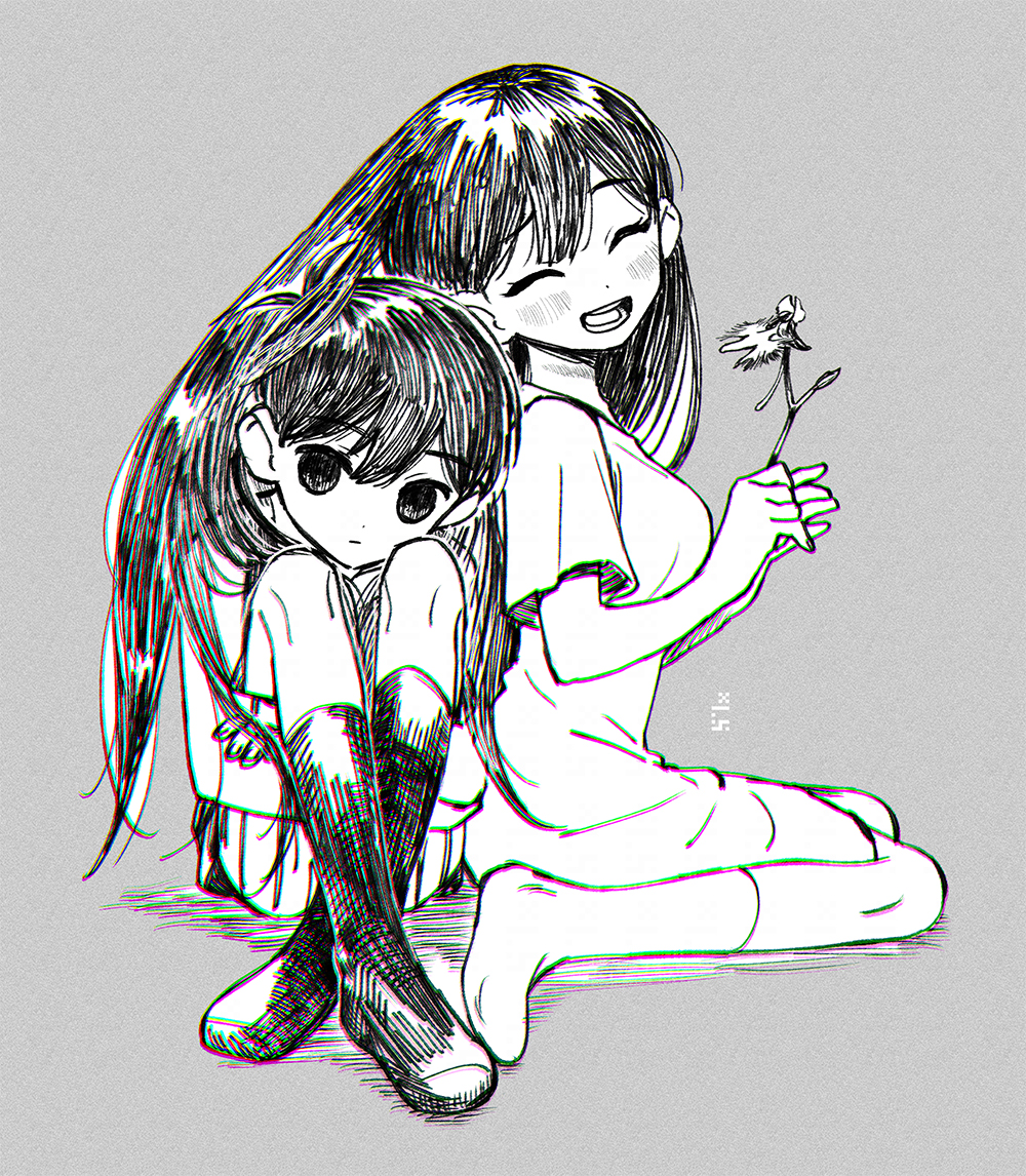 1boy 1girl ^_^ brother_and_sister chromatic_aberration closed_eyes crossed_ankles dress expressionless facing_viewer flower full_body grey_background greyscale holding holding_flower kneehighs knees_up long_hair looking_at_viewer mari_(faraway)_(omori) mari_(omori) monochrome no_shoes omori omori_(omori) short_hair short_sleeves siblings simple_background sitting socks toastytoast wariza