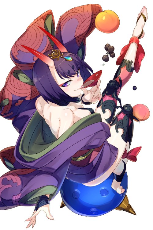 1girl alcohol ankle_ribbon bare_shoulders breasts bridal_gauntlets cup drinking echo_(circa) eyeliner fate/grand_order fate_(series) gourd headpiece horns japanese_clothes kimono leg_ribbon long_sleeves looking_at_viewer looking_back makeup obi off_shoulder oni purple_eyes purple_hair purple_kimono revealing_clothes ribbon sakazuki sake sash short_hair shuten_douji_(fate) skin-covered_horns small_breasts smile solo tongue tongue_out wide_sleeves