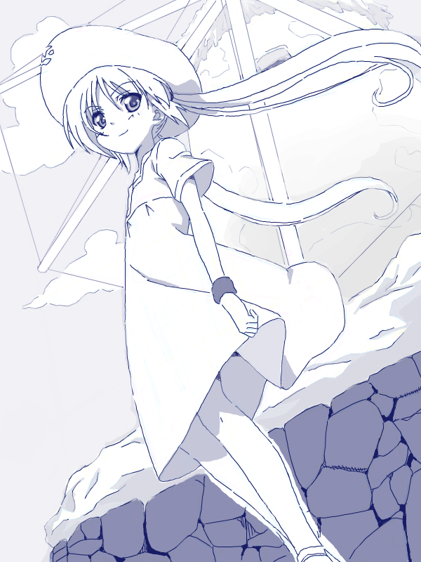 1girl bad_drawr_id bad_id bare_legs character_request cloud copyright_request dress dutch_angle floating_hair hat long_hair looking_at_viewer monochrome oekaki rock segawa_haruna shoes sky smile solo standing twintails wristband