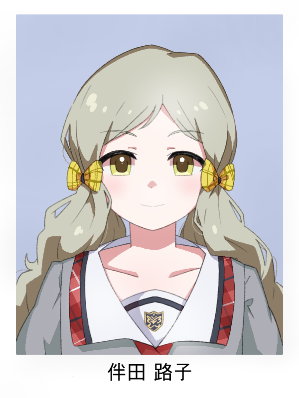 1girl character_name closed_mouth collar collarbone collared_shirt dot_nose grey_hair grey_shirt hair_ribbon handa_roco id_photo idolmaster idolmaster_million_live! idolmaster_million_live!_theater_days light_smile long_hair official_alternate_costume ohgi910 parted_bangs plaid plaid_ribbon portrait ribbon school_uniform shirt simple_background solo straight-on twintails upper_body wavy_hair white_collar yellow_eyes