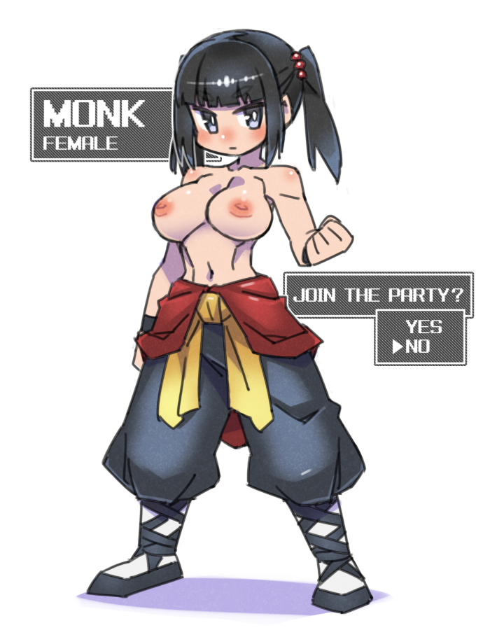 1girl baggy_pants black_eyes black_hair breasts cannsk clenched_hand commentary_request english_text full_body hair_bobbles hair_ornament inverted_nipples large_breasts narrow_waist navel original pants sidelocks solo topless twintails wristband