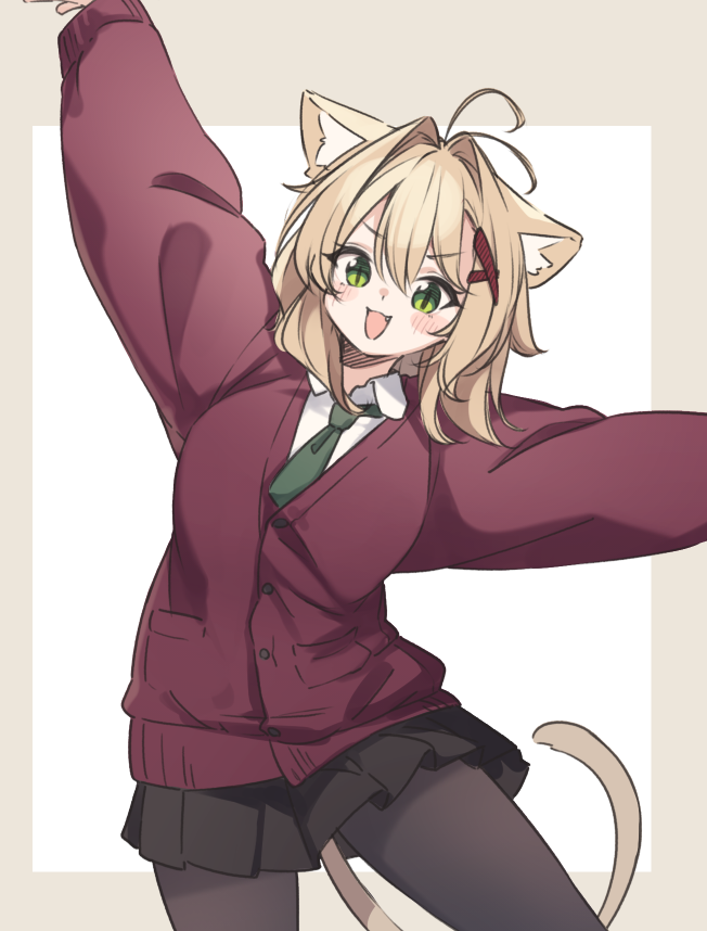 1girl :d animal_ears antenna_hair arm_up black_pantyhose black_skirt blush brown_background cardigan cat_ears cat_girl cat_tail collared_shirt commentary_request fang green_eyes green_necktie hair_between_eyes hair_intakes hair_ornament light_brown_hair long_sleeves looking_at_viewer natsuki_teru necktie nekomiya_ryuu original pantyhose pleated_skirt puffy_long_sleeves puffy_sleeves red_cardigan school_uniform shirt skirt sleeves_past_wrists smile solo tail two-tone_background white_background white_shirt