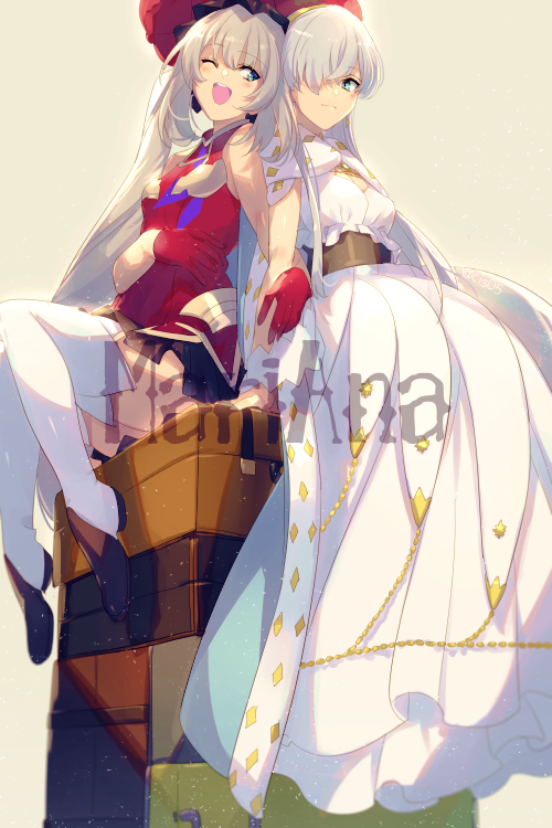 2girls anastasia_(fate) black_skirt blue_cloak blue_eyes blush boots breasts character_name cleavage cloak dress echo_(circa) fate/grand_order fate_(series) fur_trim gloves hair_over_one_eye hairband jewelry large_breasts large_hat long_hair marie_antoinette_(fate) medium_breasts multiple_girls necklace one_eye_closed open_mouth pendant red_dress red_hat short_dress sidelocks sitting skirt sleeveless sleeveless_dress smile thigh_boots twintails very_long_hair white_dress white_footwear white_hair