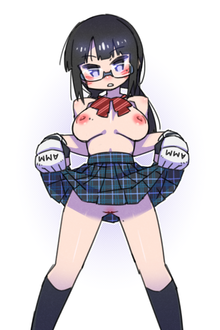 1girl black_hair black_socks blue_eyes bow bowtie breasts cannsk clothes_lift commentary_request diagonal-striped_bow diagonal-striped_bowtie diagonal-striped_clothes fingerless_gloves glasses gloves high-waist_skirt inverted_nipples kneehighs large_breasts lifted_by_self miniskirt mma_gloves mole mole_on_breast mole_on_leg no_panties original plaid plaid_skirt pussy semi-rimless_eyewear skirt skirt_lift socks solo striped_clothes topless under-rim_eyewear unmoving_pattern