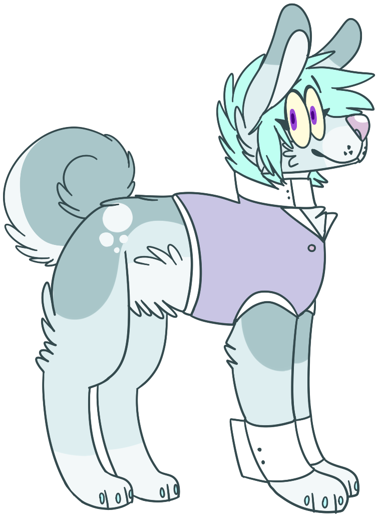 2017 alpha_channel ambiguous_gender blue_claws blue_hair canid canine canis claws clothed clothed_feral clothing curled_tail digital_drawing_(artwork) digital_media_(artwork) digitigrade domestic_dog eyebrows eyelashes feral feral_with_hair flat_colors full-length_portrait fur grey_body grey_fur hair hybrid jaspering lagomorph leporid looking_at_viewer mammal paws portrait purple_clothing purple_eyes purple_nose purple_topwear purple_vest rabbit simple_background smile snout solo standing tail topwear transparent_background vest whisker_dots yellow_sclera