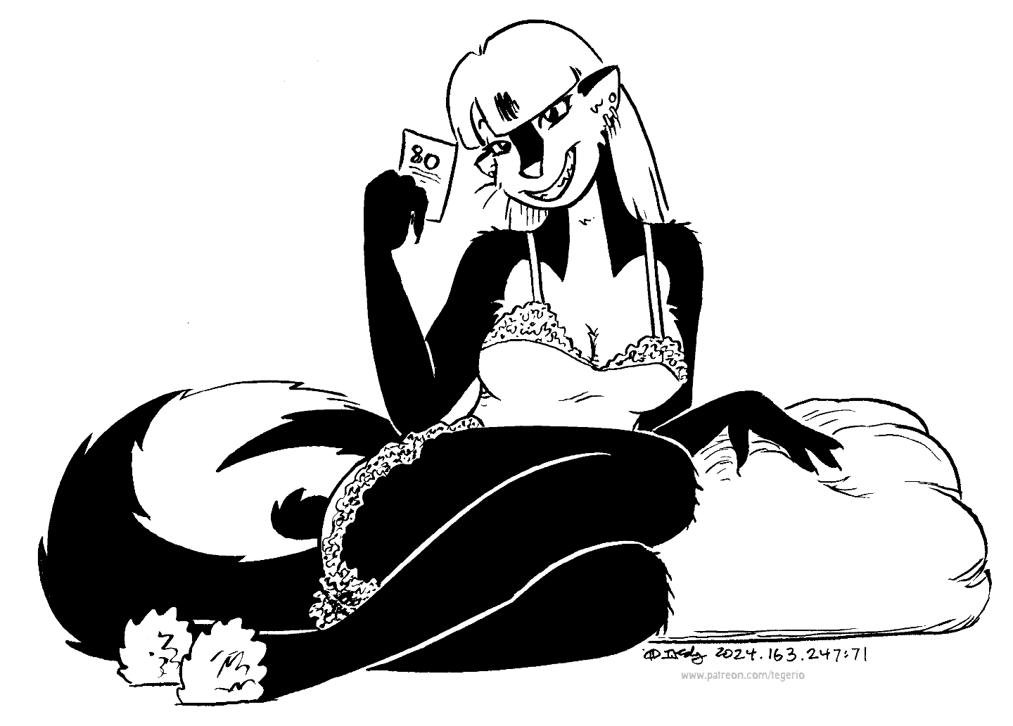 2024 anthro breasts cleavage clothed clothing ear_piercing ear_ring female fur grin hair kelly_o'dor mammal mephitid piercing pillow ring_piercing skunk smile solo tail tegerio underwear whiskers zandar's_saga