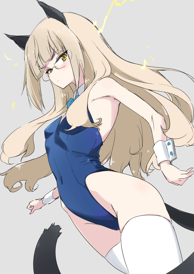 1girl animal_ears blonde_hair blue_one-piece_swimsuit blush breasts covered_navel glasses long_hair looking_at_viewer one-piece_swimsuit perrine_h._clostermann sketch small_breasts solo strike_witches swimsuit tail thighhighs white_thighhighs world_witches_series wrist_cuffs yellow_eyes yuzuyoukan