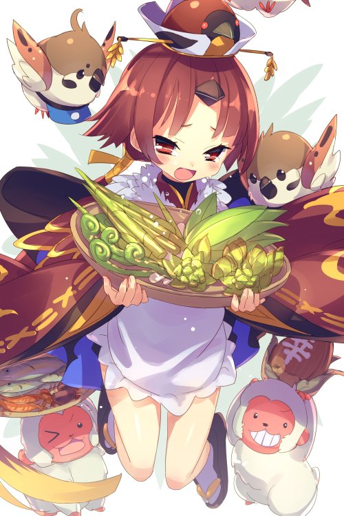 1girl apron basket benienma_(fate) bird bird_hat blush breasts brown_hat echo_(circa) fate/grand_order fate_(series) feather_trim food japanese_clothes kimono long_hair long_sleeves looking_at_viewer low_ponytail monkey open_mouth parted_bangs red_eyes red_hair red_kimono small_breasts smile sparrow thighs vegetable very_long_hair white_apron wide_sleeves