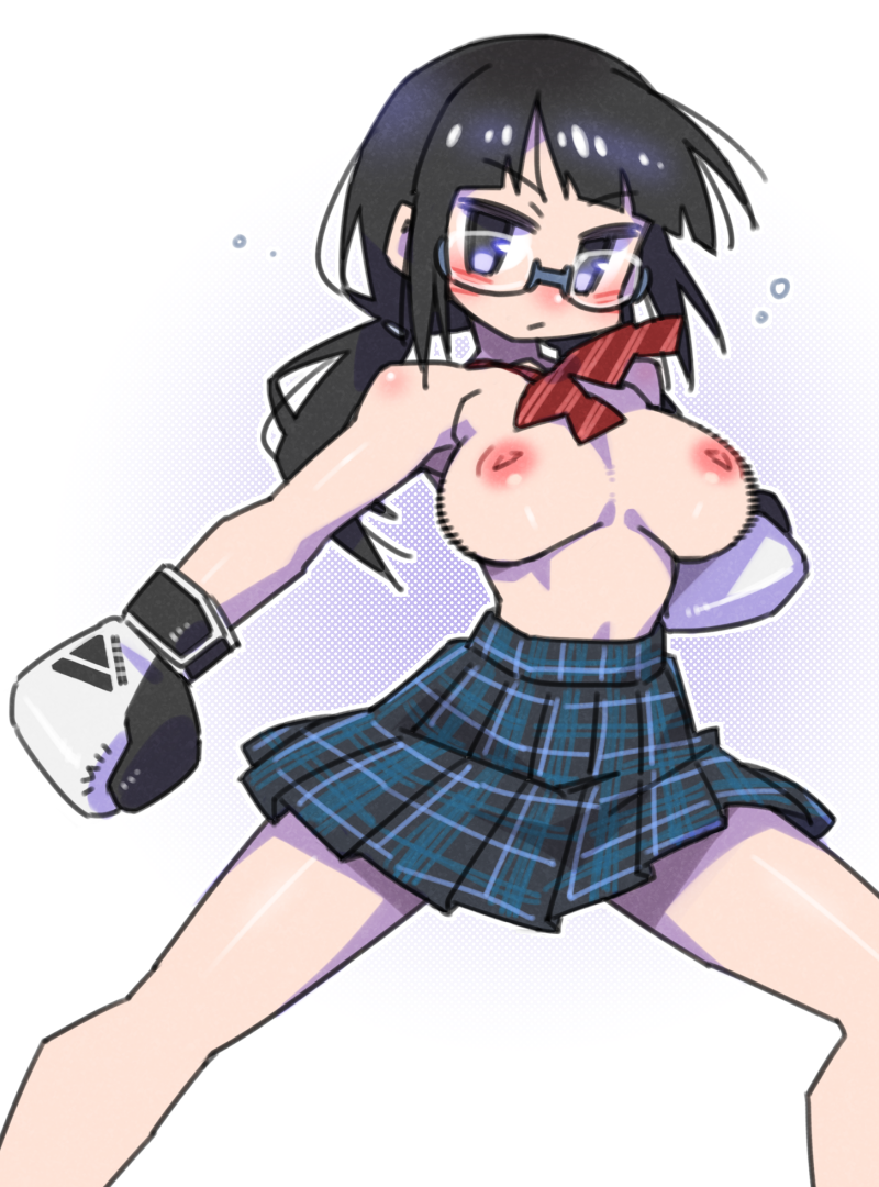 1girl black_hair blue_eyes boxing_gloves breasts cannsk commentary_request glasses high-waist_skirt inverted_nipples large_breasts low_twintails miniskirt motion_lines original plaid plaid_skirt pleated_skirt semi-rimless_eyewear skirt solo topless twintails under-rim_eyewear