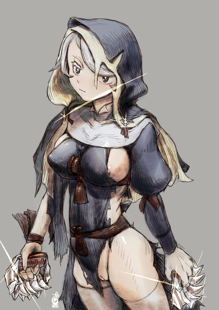 arm_ribbon belt black_dress breasts brown_belt closed_mouth cowboy_shot dress grey_dress grey_eyes habit holding holding_weapon juliet_sleeves large_breasts long_sleeves looking_at_viewer musen-shiki_sanhankikan nipple_slip nipples no_panties original pointy_breasts puffy_sleeves pussy ribbon sideways_glance simple_background symbol-shaped_pupils thighhighs torn_clothes torn_dress veil waist_ribbon weapon white_hair white_thighhighs wrist_ribbon