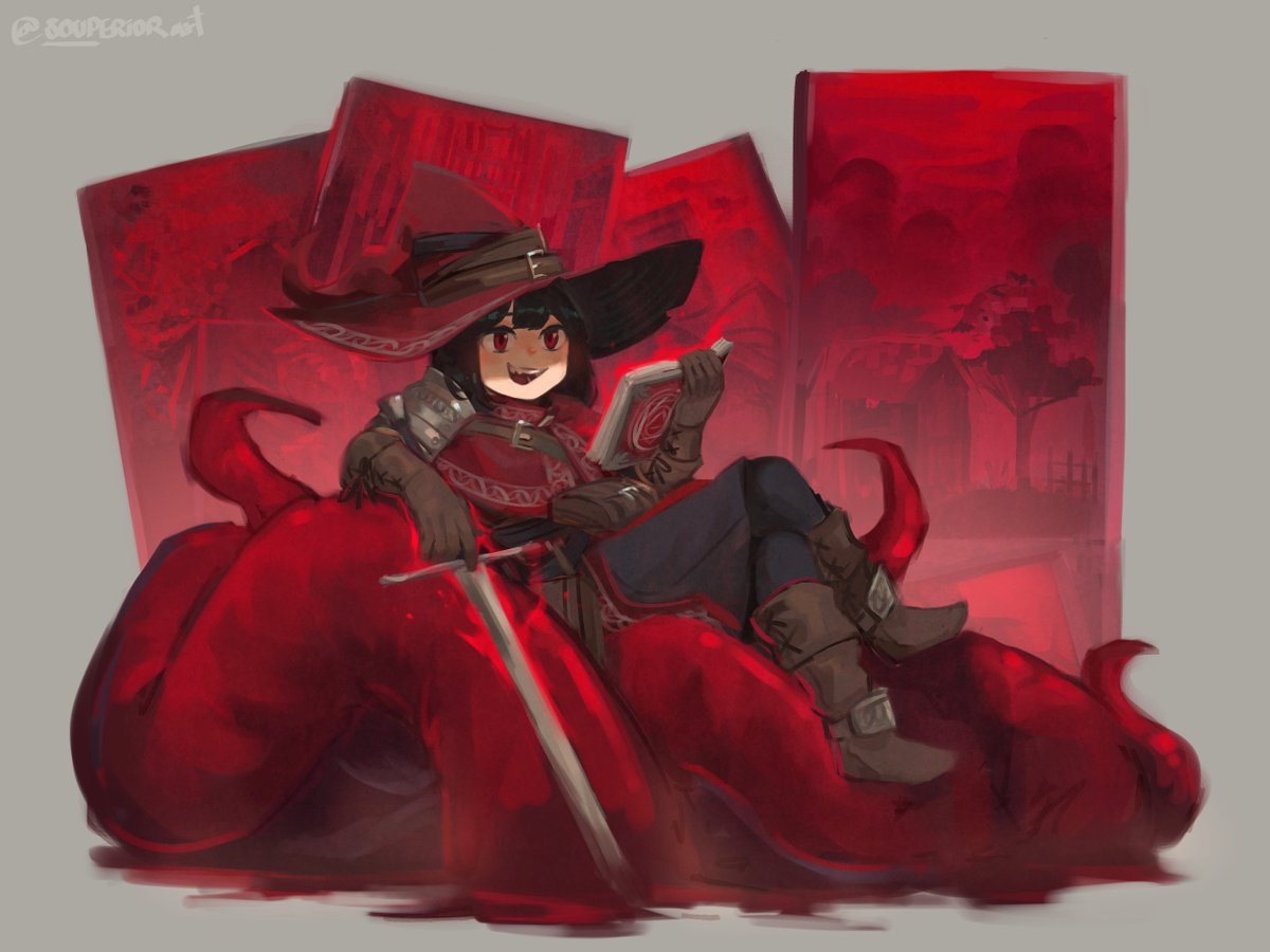 1girl armor belt_boots black_hair black_pants book boots brown_footwear brown_gloves crossed_legs full_body gloves grey_background hat hat_belt holding holding_book large_hat open_mouth original pants poncho red_eyes red_poncho red_theme short_hair shoulder_armor sitting smile souperior sword tentacles twitter_username weapon witch_hat