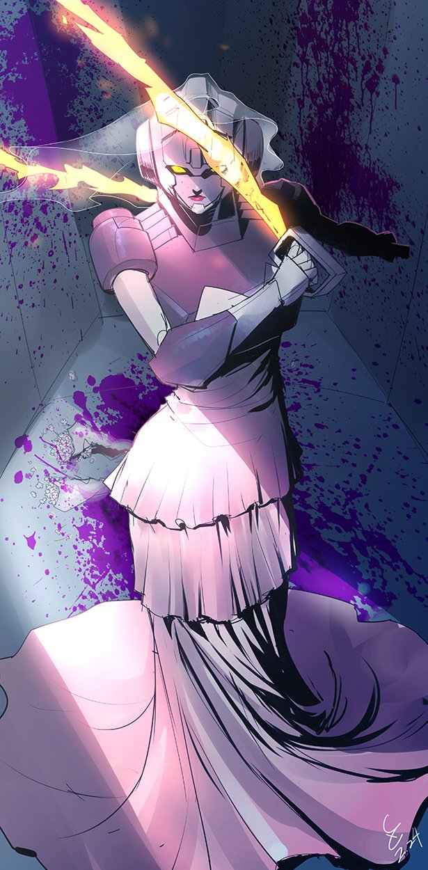 1girl arcee arcee_(idw) dress flaming_sword flaming_weapon helmet highres humanoid_robot looking_at_viewer no_humans red_lips robot robot_girl solo sword the_transformers_(idw) transformers weapon wedding_dress yellow_eyes zoner